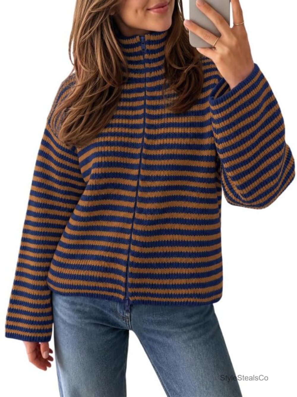 Womens Striped Chunky Mock Neck Cardigan Sweater Fall Knit Jacket